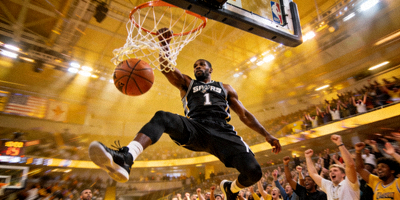 NBA篮球比赛精彩瞬间，球员扣篮动作